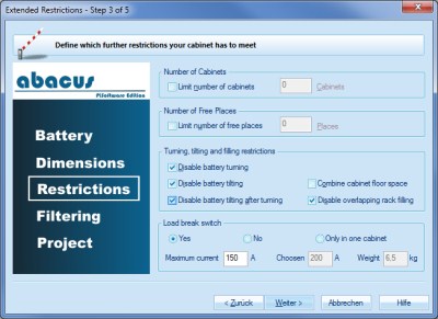 Restrictions for the battery placement in the abacus rack and cabinet sizing software
